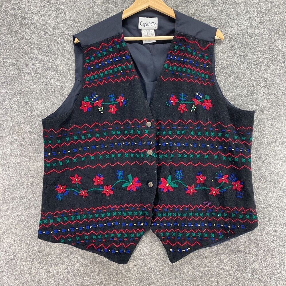 5/$45 Capistrano Suit Vest Women 18/20 Plus Black Striped V-Neck Wool Button Up